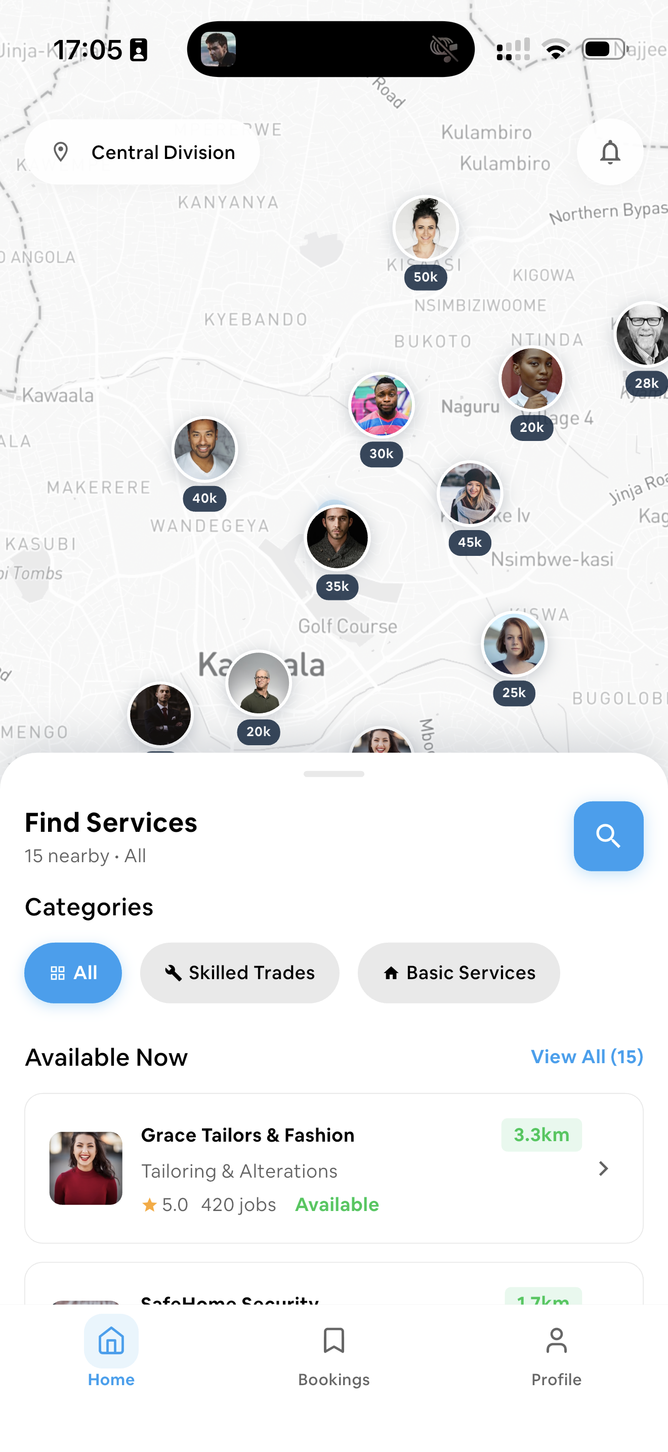 Haraki app — map view showing nearby service providers in Kampala